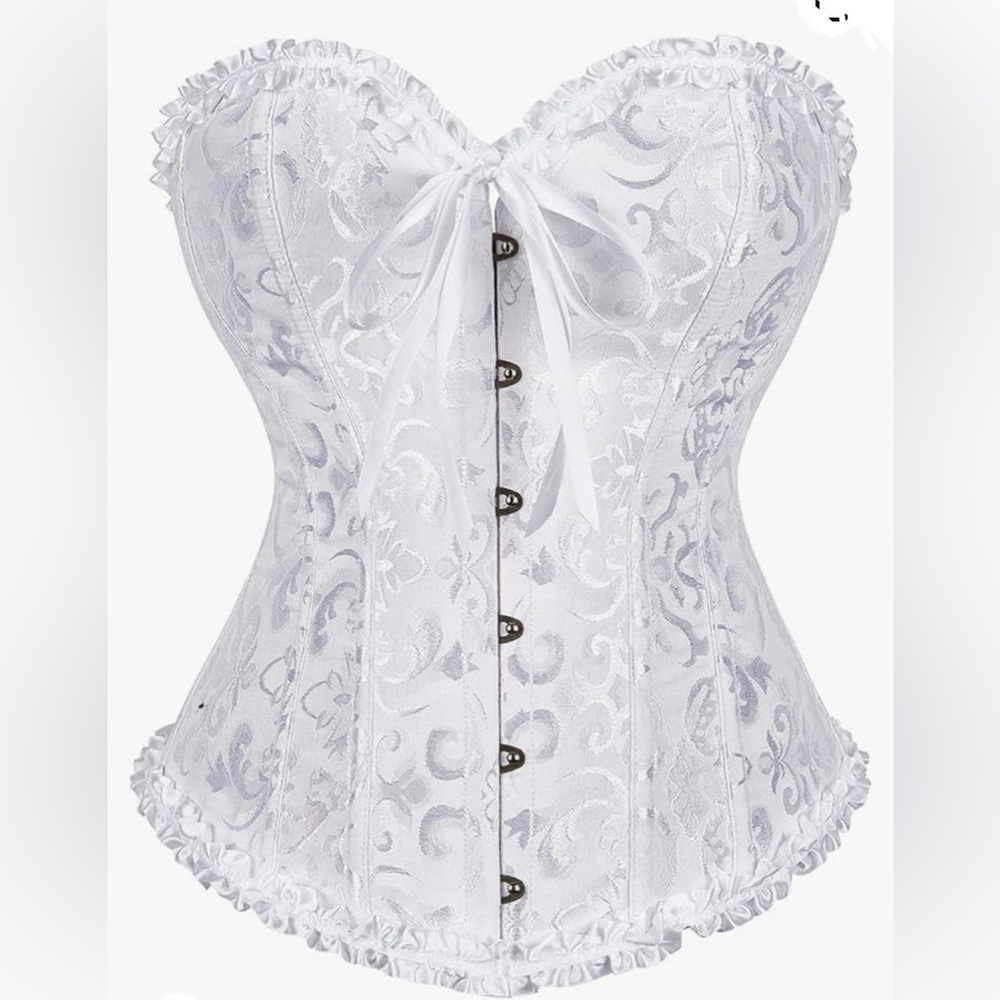 New White Brocade Jacquard Lace Up Corset Bustier Lingerie Shapewear Top